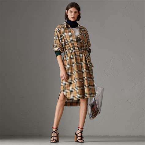 burberry vintage check cotton tie-waist shirt dress|Check Cotton Shirt Dress in Husk .